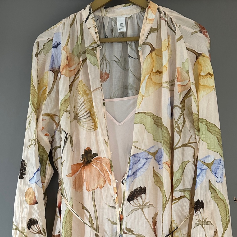H&M Oversized Crinkled Floral Long Sleeve Dress - Cream, Orange, Blue, Green - Picture 4 of 8
